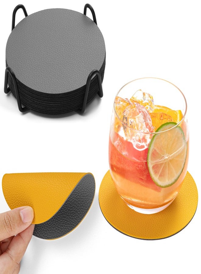 Chitomars Drink Coasters with Holder, Faux Leather Coaster Sets of 12, Dual Sided for Coffee Cup Tabletop Protection Non-Slip Washable (Gray Yellow) - Image 1