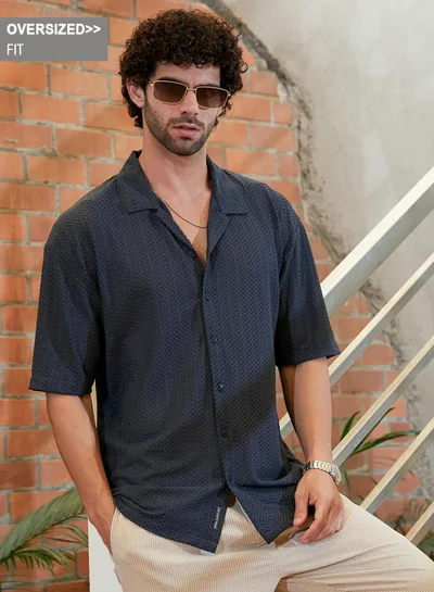 Campus Sutra Campus Sutra Men's Prussian Blue Zigzag-Helix Resort Oversized Shirt For Casual Wear | Cuban Collar | Short Regular Sleeve | Button Closure | Oversize Shirt Crafted With Comfort Fit For Everyday Wear