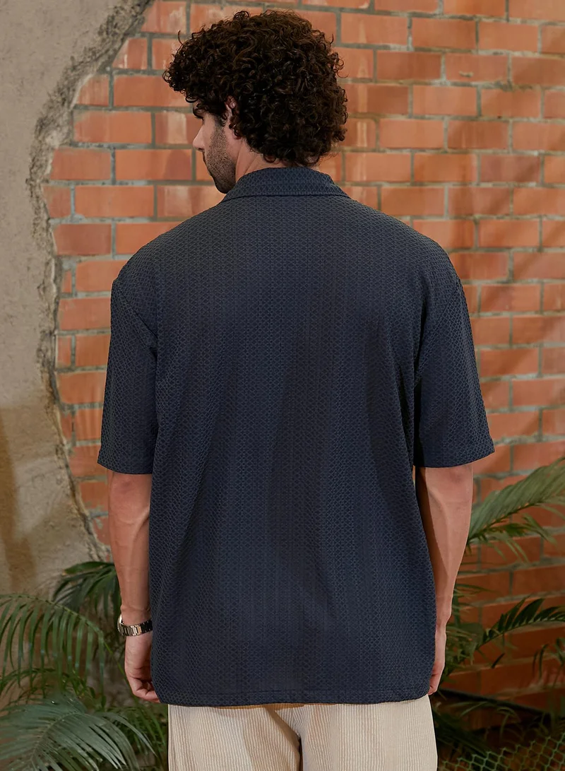 كامبوس سوترا Men's Prussian Blue Zigzag-Helix Resort Oversized Shirt