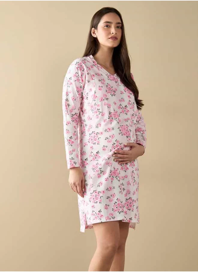 فاف All-Over Floral Print Nursing Sleepshirt with Long Sleeves