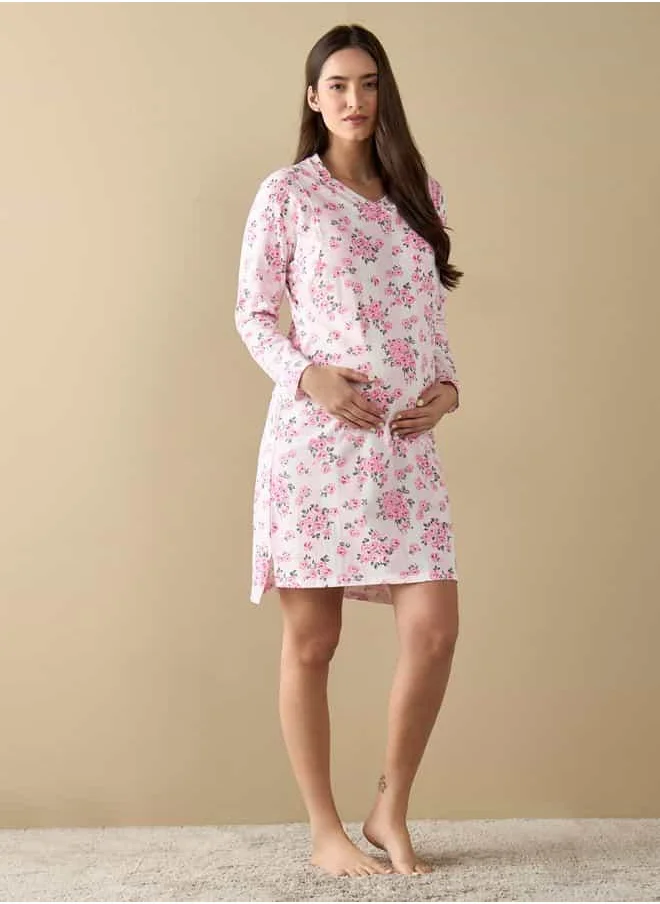 فاف All-Over Floral Print Nursing Sleepshirt with Long Sleeves