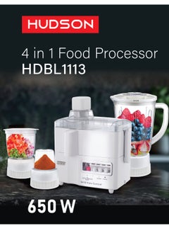 Hudson Multi-Functional 4-In-1 Food Processor (Juicer/Blender/ Grinder & Chopper) With Plastic Jar With SS Blades,2 Speed Control With Pulse 1.8 L 650 W HDBL1113 White Color