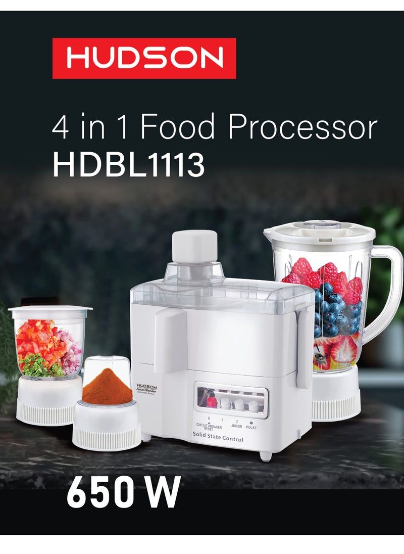 Hudson - Hudson Multi-Functional 4-In-1 Food Processor (Juicer/Blender/ Grinder & Chopper) With Plastic Jar With SS Blades,2 Speed Control With Pulse 1.8 L 650 W HDBL1113 White Color - Image 1
