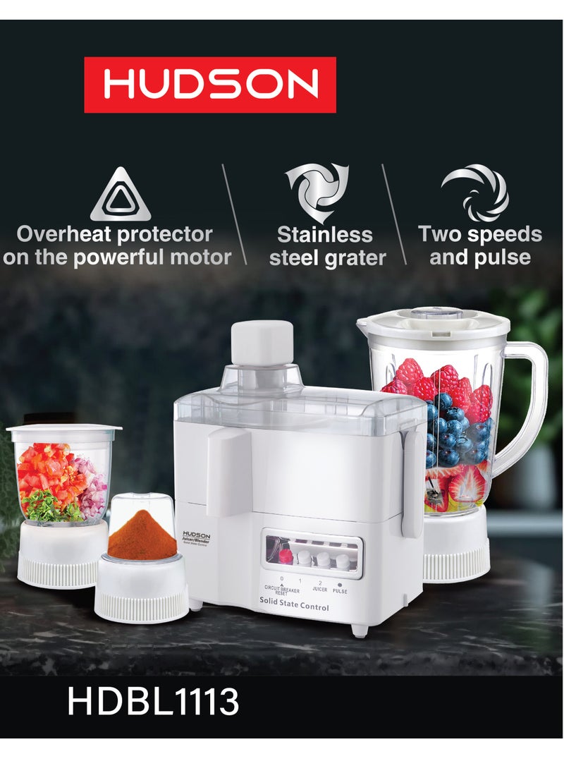 Hudson - Hudson Multi-Functional 4-In-1 Food Processor (Juicer/Blender/ Grinder & Chopper) With Plastic Jar With SS Blades,2 Speed Control With Pulse 1.8 L 650 W HDBL1113 White Color - Image 1