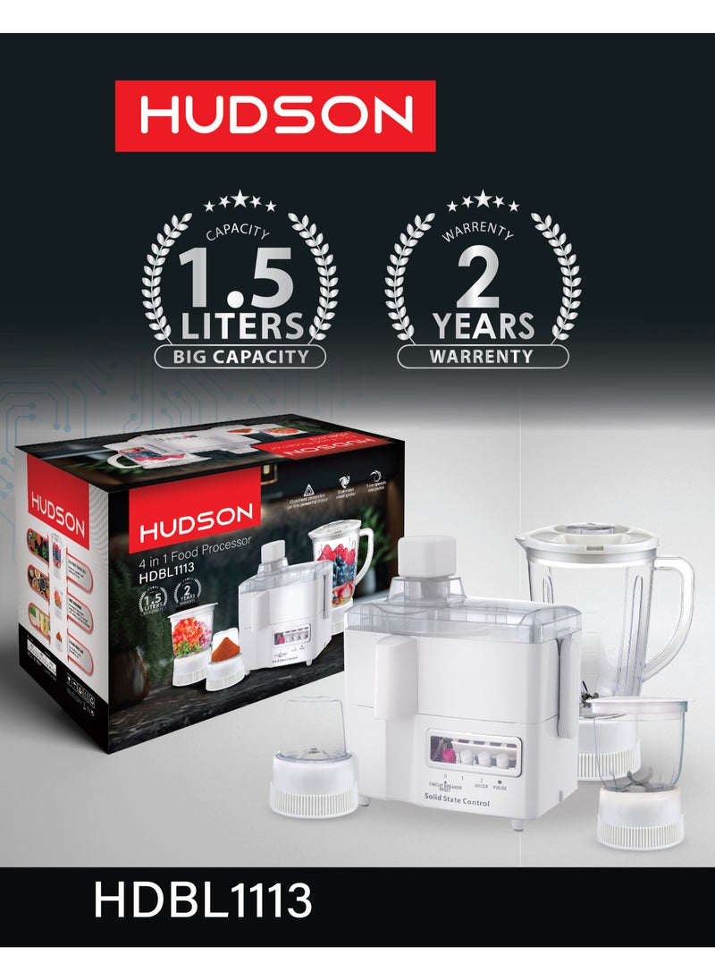Hudson - Hudson Multi-Functional 4-In-1 Food Processor (Juicer/Blender/ Grinder & Chopper) With Plastic Jar With SS Blades,2 Speed Control With Pulse 1.8 L 650 W HDBL1113 White Color - Image 1