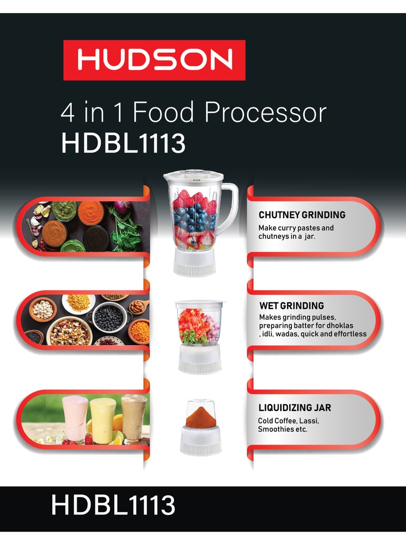 Hudson - Hudson Multi-Functional 4-In-1 Food Processor (Juicer/Blender/ Grinder & Chopper) With Plastic Jar With SS Blades,2 Speed Control With Pulse 1.8 L 650 W HDBL1113 White Color - Image 1