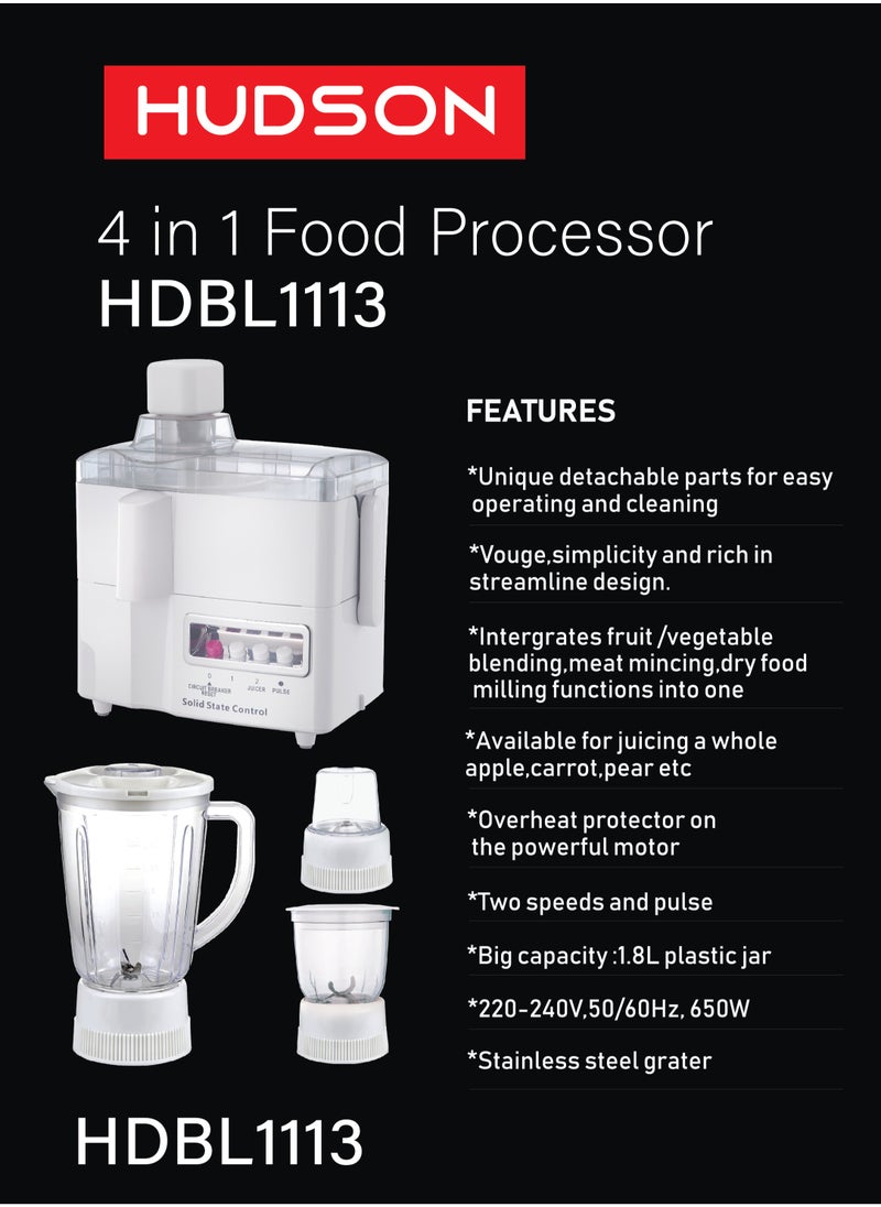 Hudson - Hudson Multi-Functional 4-In-1 Food Processor (Juicer/Blender/ Grinder & Chopper) With Plastic Jar With SS Blades,2 Speed Control With Pulse 1.8 L 650 W HDBL1113 White Color - Image 1