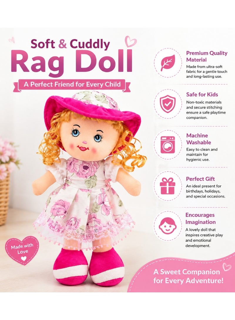 Soft Plush Rag Doll for Girls - Cute Stuffed Toy Doll with Floral Dress & Pink Hat - Perfect Gift for Kids - Image 3