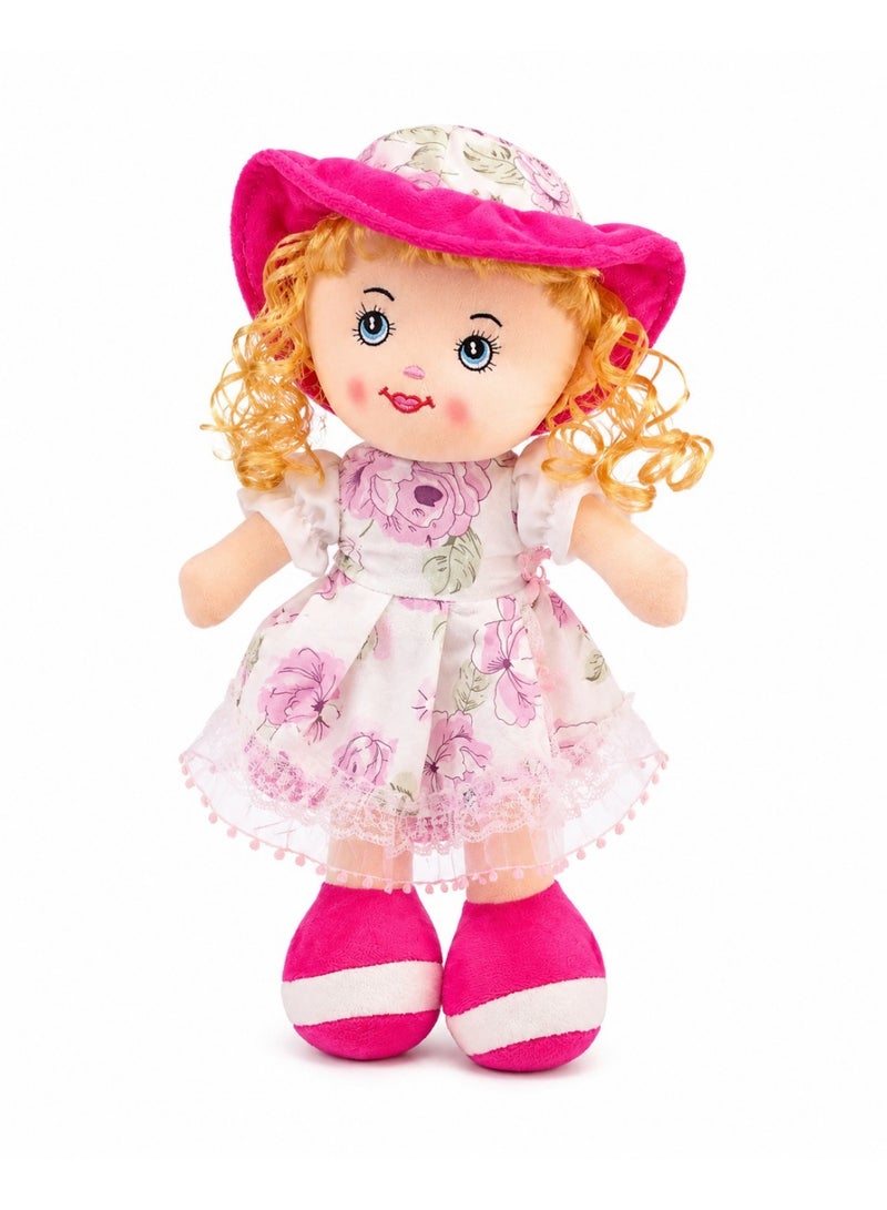 Soft Plush Rag Doll for Girls - Cute Stuffed Toy Doll with Floral Dress & Pink Hat - Perfect Gift for Kids - Image 1