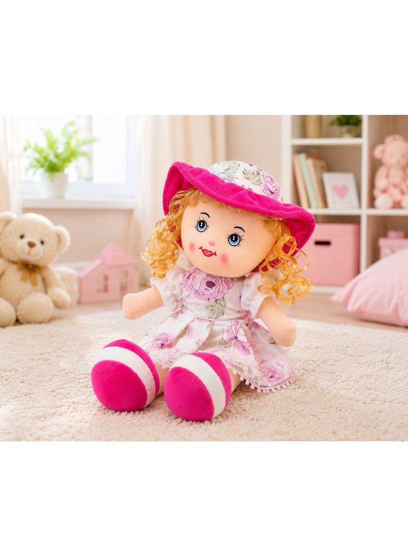 Soft Plush Rag Doll for Girls - Cute Stuffed Toy Doll with Floral Dress & Pink Hat - Perfect Gift for Kids - Image 2