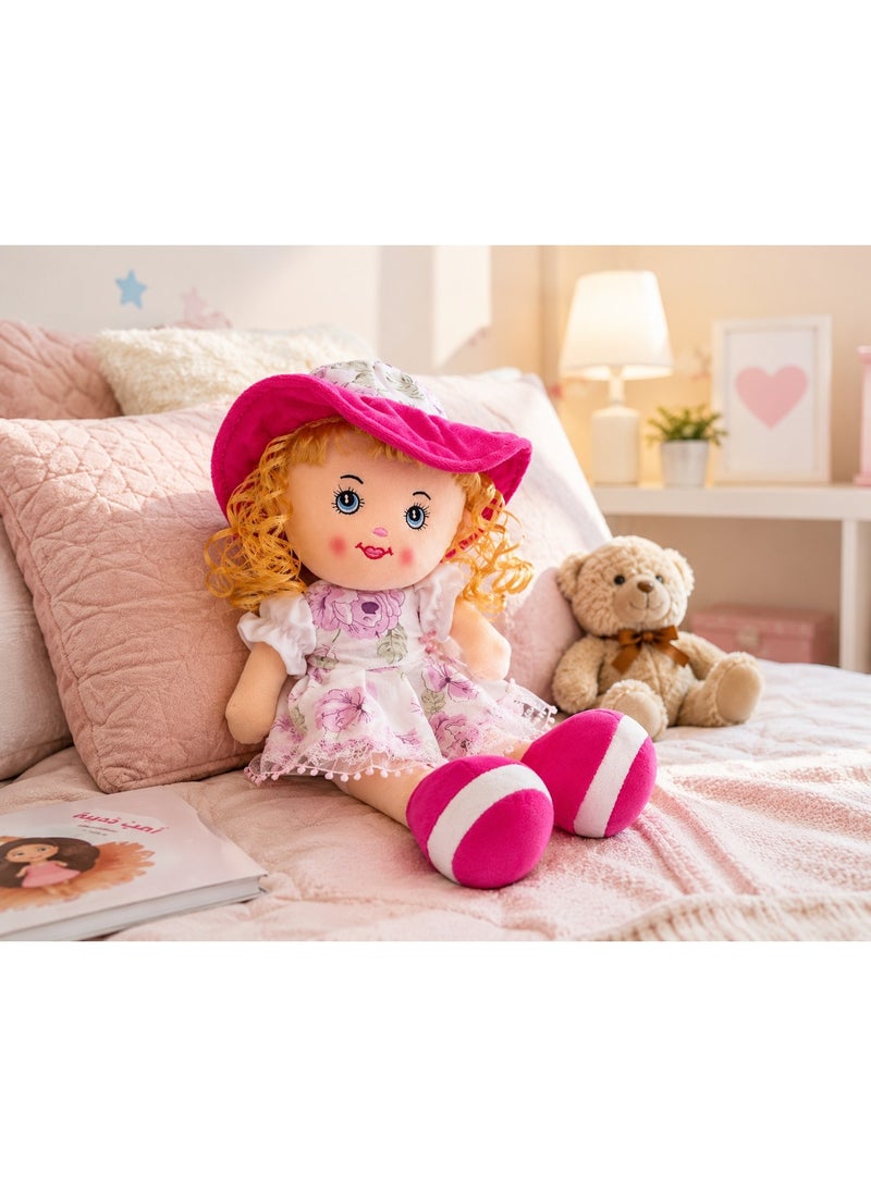 Soft Plush Rag Doll for Girls - Cute Stuffed Toy Doll with Floral Dress & Pink Hat - Perfect Gift for Kids - Image 4
