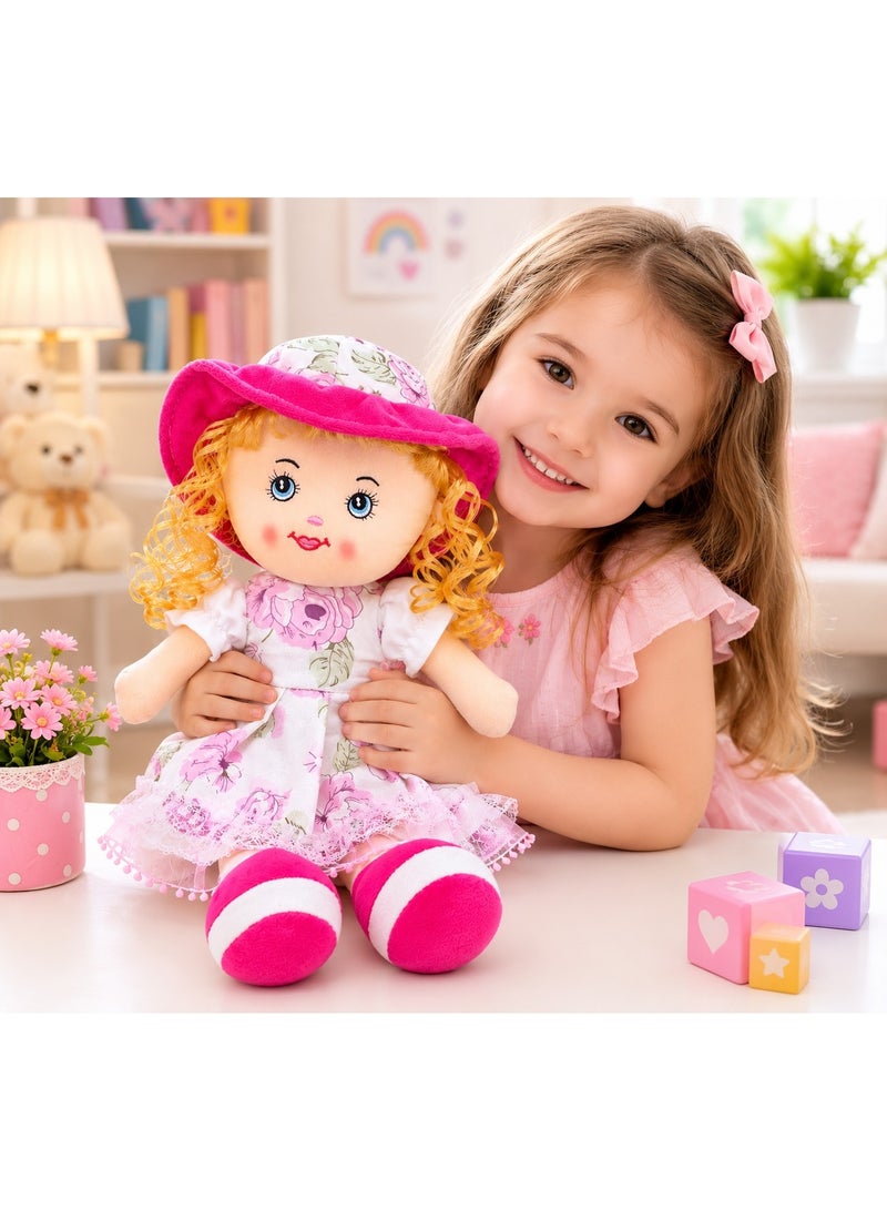 Soft Plush Rag Doll for Girls - Cute Stuffed Toy Doll with Floral Dress & Pink Hat - Perfect Gift for Kids - Image 5