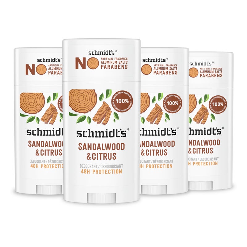 Schmidt's Aluminum-Free Vegan Deodorant Sandalwood & Citrus 4 Count for Women and Men, with 24 Hour Odor Protection, Natural Ingredients, Cruelty-Free, 2.65 oz - Image 1