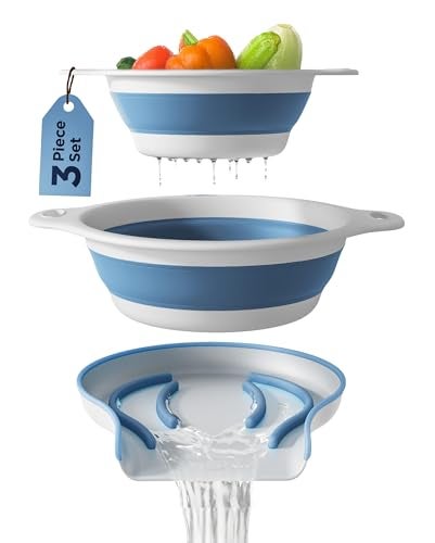 Gevoli Collapsible Colanders (2 Pack Set) Food Strainers with Over-Sink Water Draining Base for Pasta Fruits and Vegetables (4 and 5 Quart) - White Blue - Image 1