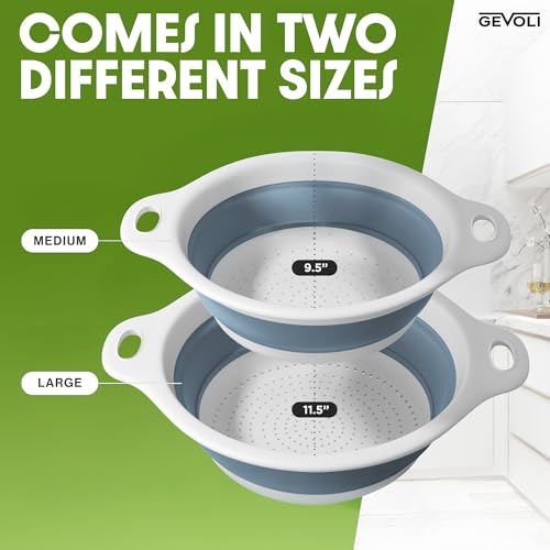 Gevoli Collapsible Colanders (2 Pack Set) Food Strainers with Over-Sink Water Draining Base for Pasta Fruits and Vegetables (4 and 5 Quart) - White Blue - Image 4