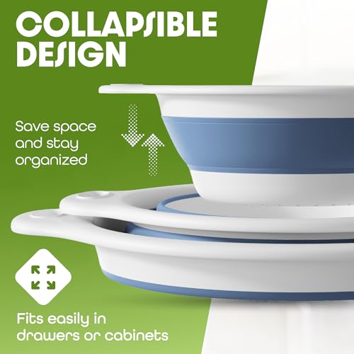 Gevoli Collapsible Colanders (2 Pack Set) Food Strainers with Over-Sink Water Draining Base for Pasta Fruits and Vegetables (4 and 5 Quart) - White Blue - Image 3