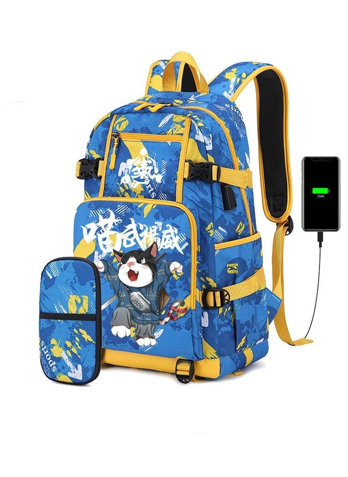 Generic - Junior High School Student Backpack Primary School Student Large Capacity School Bag + Pencil Case Set 47*14*30cm - Image 1