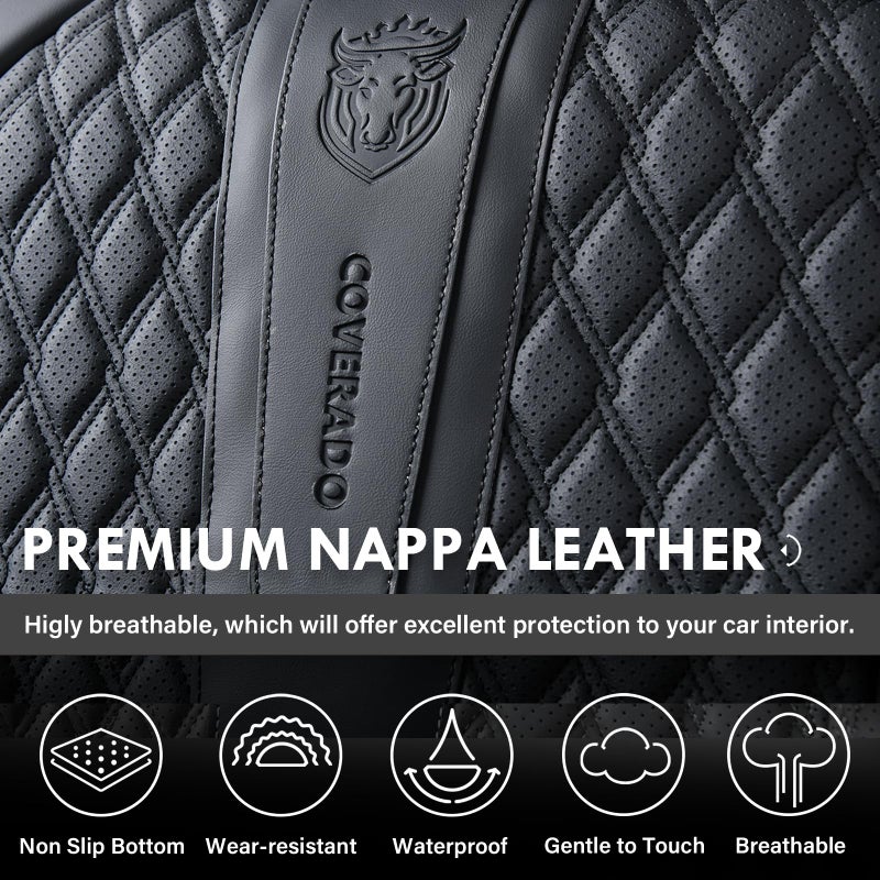 Coverado Front Seat Covers, Car Seat Covers Front Seats, Nappa Leather Seat Covers for Cars, Waterproof Seat Covers with Lumbar Support Universal Fit for Most Cars SUV Trucks (Front, Black) - Image 4