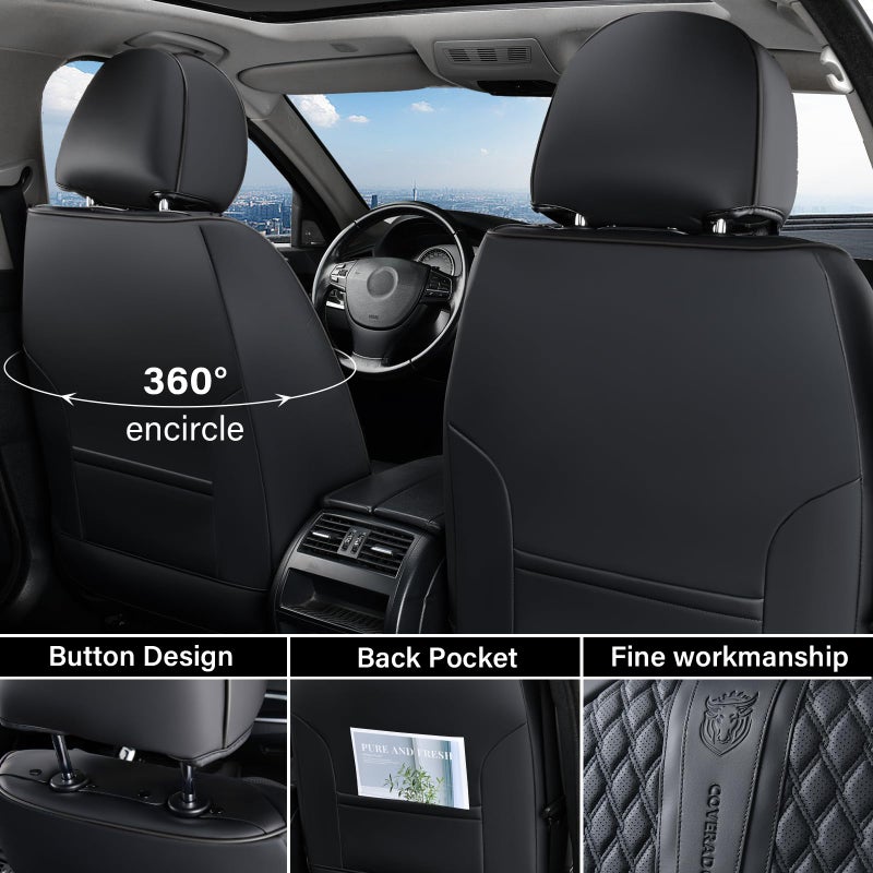 Coverado Front Seat Covers, Car Seat Covers Front Seats, Nappa Leather Seat Covers for Cars, Waterproof Seat Covers with Lumbar Support Universal Fit for Most Cars SUV Trucks (Front, Black) - Image 2