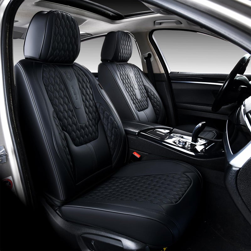 Coverado Front Seat Covers, Car Seat Covers Front Seats, Nappa Leather Seat Covers for Cars, Waterproof Seat Covers with Lumbar Support Universal Fit for Most Cars SUV Trucks (Front, Black) - Image 1