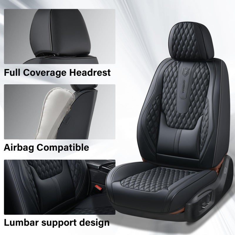 Coverado Front Seat Covers, Car Seat Covers Front Seats, Nappa Leather Seat Covers for Cars, Waterproof Seat Covers with Lumbar Support Universal Fit for Most Cars SUV Trucks (Front, Black) - Image 3