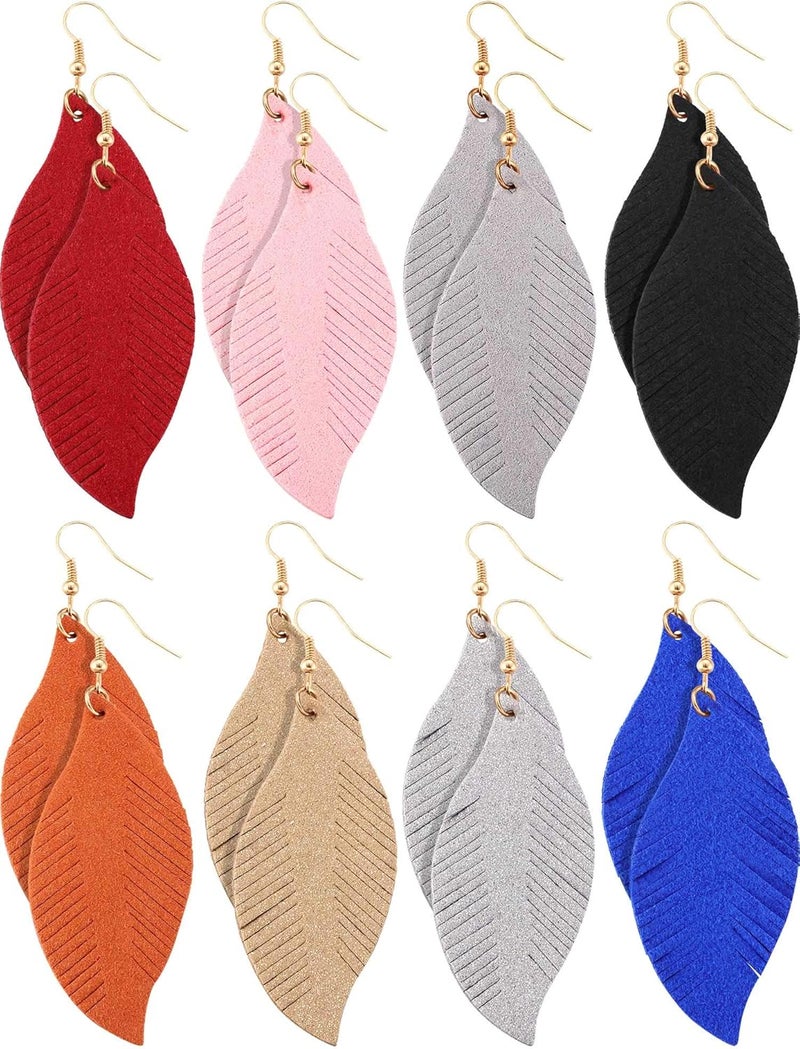 Jovitec 8 Pairs Leather Feather Earrings Teardrop Leather Lightweight Leaf for Women Girls Soft Suede Bohemian Feather Shape Earrings Tassel Dangles Fringe Wing 8 Colors - Image 1
