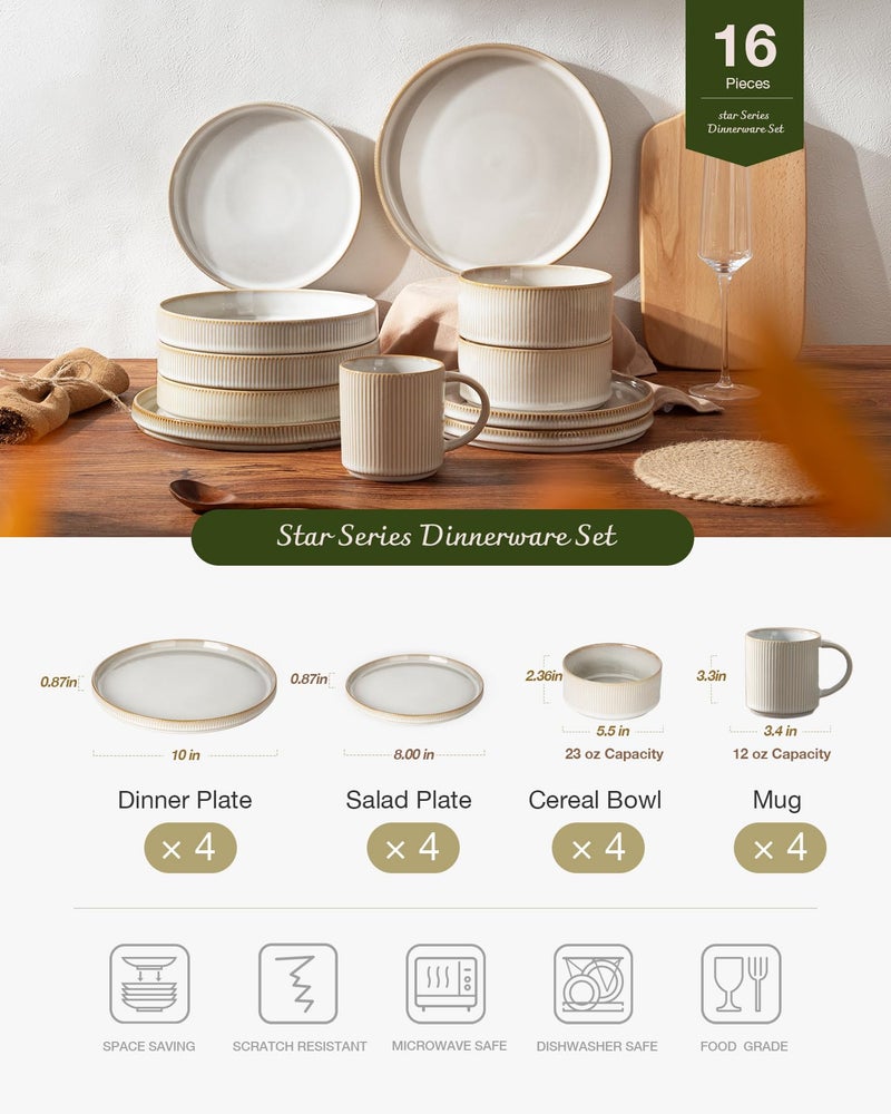 Famiware Star Dinnerware Set with Mugs, Service for 4 (16pcs), Ribbed Stoneware Plates and Bowls Dishes Sets - Chip & Scratch Resistant, Microwave & Dishwasher Safe, Cappuccino White - Image 3