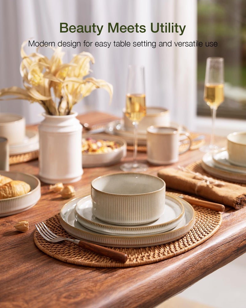 Famiware Star Dinnerware Set with Mugs, Service for 4 (16pcs), Ribbed Stoneware Plates and Bowls Dishes Sets - Chip & Scratch Resistant, Microwave & Dishwasher Safe, Cappuccino White - Image 2