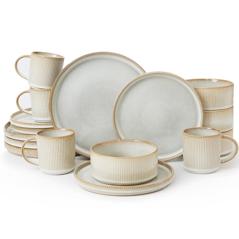 Famiware Star Dinnerware Set with Mugs, Service for 4 (16pcs), Ribbed Stoneware Plates and Bowls Dishes Sets - Chip & Scratch Resistant, Microwave & Dishwasher Safe, Cappuccino White - Image 1