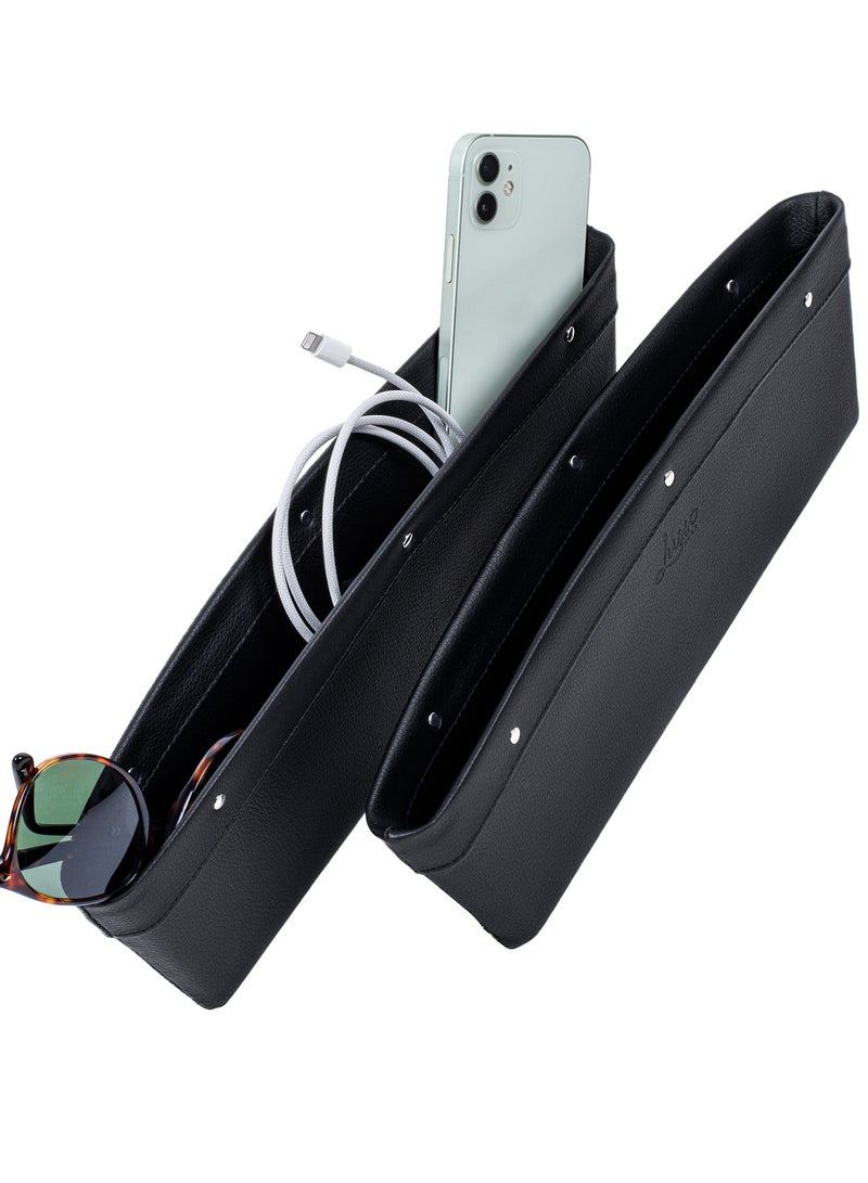 حشو فجوات مقعد السيارة ومنظم (عبوة من قطعتين) - حشو فجوات وتخزين بين المقاعد - مقاس عالمي وجلد نباتي - يحمل الهاتف والمفاتيح والنظارات - منظم حشو فجوات مقعد السيارة - Image 1