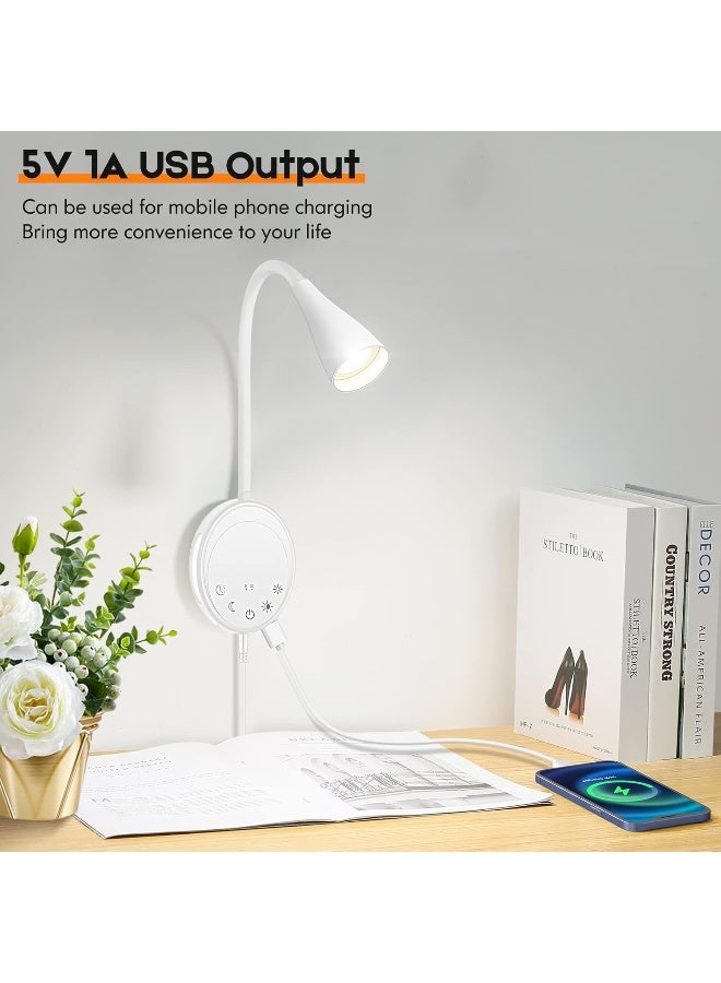 ضوء قراءة LED مثبت على الحائط SANKEDOU، ضوء كتاب للقراءة في السرير مع تحكم باللمس، 5 مستويات سطوع قابلة للتعتيم، مخرج USB، ضوء ليلي ووظيفة المؤقت، أضواء سرير برأس مرن (أبيض) - Image 2