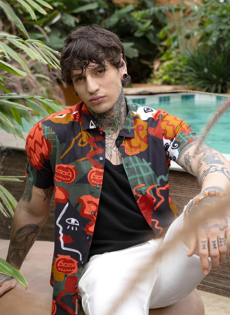 Campus Sutra Campus Sutra Men Artistic Romance Shirt | Spread Collar Short Regular Sleeves | Button Closure Curved Hem | Abstract Print Plain | Woven Fabric For Casual & Daily Wear | Scarlet Red