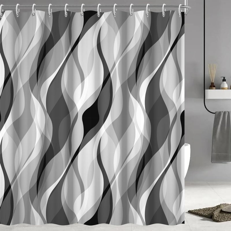 Ruelvth Grey Shower Curtain  Modern Abstract Black and Grey Striped Shower Curtain Set for Bathroom Waterproof Polyester Shower Curtain with Hooks  72x84 Inch - Image 1