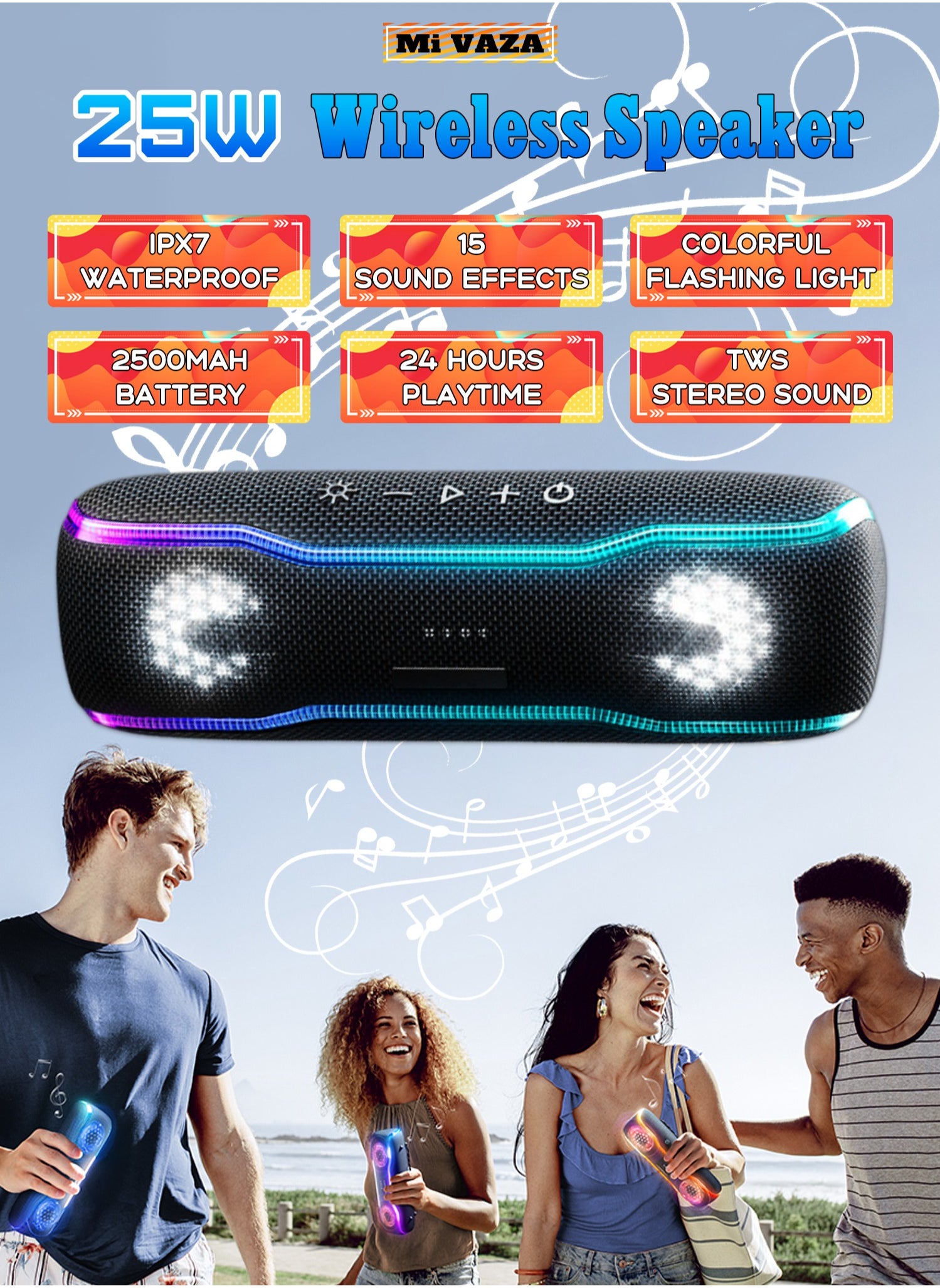 25W Wireless Bluetooth Speaker - IPX7 Waterproof - Portable Compact Speaker with 2500 mAh Battery - Subwoofer with RGB Ambient Light - TWS Stereo Sound - Suitable for Outdoor, Camping, Swimming Pool 