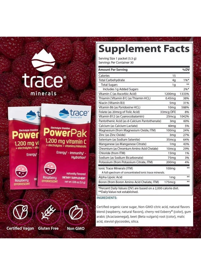 Trace Minerals Power Pak Electrolyte Powder Packets | 1200 mg Vitamin C, Zinc, Magnesium | Boost Immunity, Hydration and Natural Energy | Raspberry | 30 Packets - Image 2