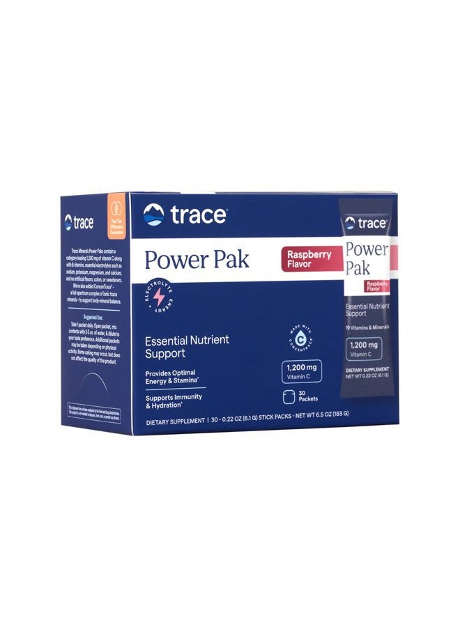 Trace Minerals Power Pak Electrolyte Powder Packets | 1200 mg Vitamin C, Zinc, Magnesium | Boost Immunity, Hydration and Natural Energy | Raspberry | 30 Packets - Image 1