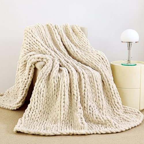 Admitrack Chunky Knit Blanket Throw 51"x63", 100% Hand Knit Chenille Throw Blanket for Sofa & Home Decor, Soft and Cozy Knitted Throw Blankets (Ivory，51"x63") - Image 1