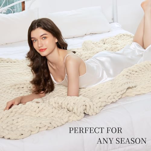 Admitrack Chunky Knit Blanket Throw 51"x63", 100% Hand Knit Chenille Throw Blanket for Sofa & Home Decor, Soft and Cozy Knitted Throw Blankets (Ivory，51"x63") - Image 4
