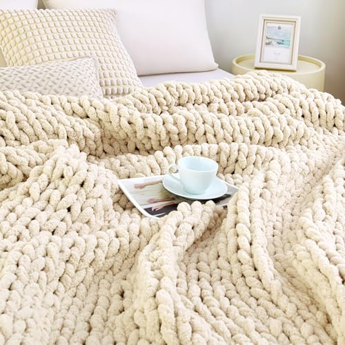 Admitrack Chunky Knit Blanket Throw 51"x63", 100% Hand Knit Chenille Throw Blanket for Sofa & Home Decor, Soft and Cozy Knitted Throw Blankets (Ivory，51"x63") - Image 3