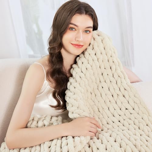 Admitrack Chunky Knit Blanket Throw 51"x63", 100% Hand Knit Chenille Throw Blanket for Sofa & Home Decor, Soft and Cozy Knitted Throw Blankets (Ivory，51"x63") - Image 2
