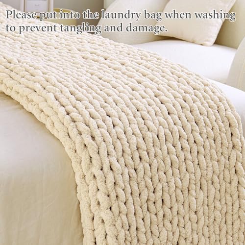 Admitrack Chunky Knit Blanket Throw 51"x63", 100% Hand Knit Chenille Throw Blanket for Sofa & Home Decor, Soft and Cozy Knitted Throw Blankets (Ivory，51"x63") - Image 5