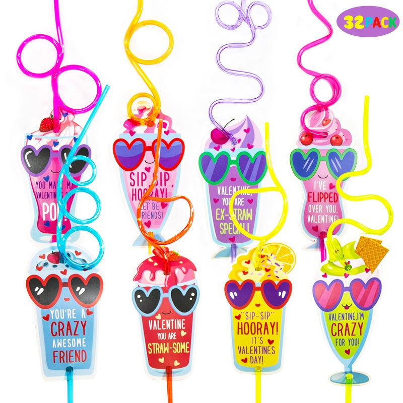 Valentines Day Gifts for Kids Valentines Day Cards for kids Set of 32 Crazy Straws Bulk Valentine Exchange Cards for Girls Boys Toddlers School Class Classroom Party Favors
