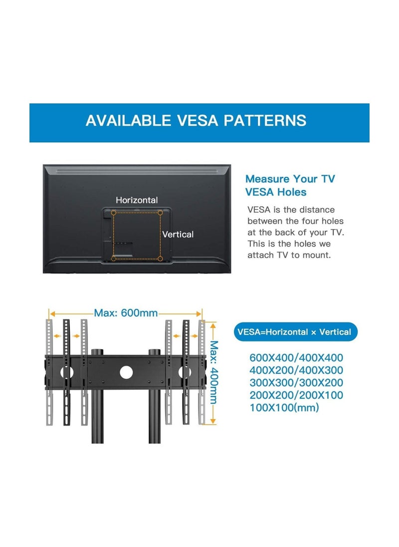 Mobile TV Cart with Wheels for 32-65 Inch LCD LED Plasma Flat Screen TVs- Height Adjustable Rolling TV Stand Hold up to 132 lbs - Image 2