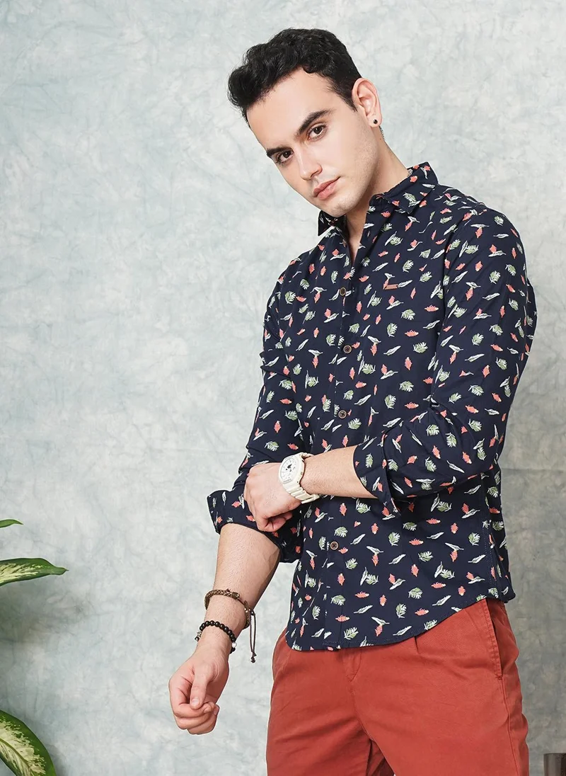 ذا انديان كراج كو Men Slim Fit Graphic Print Full Sleeves Spread Collar Casual Shirt
