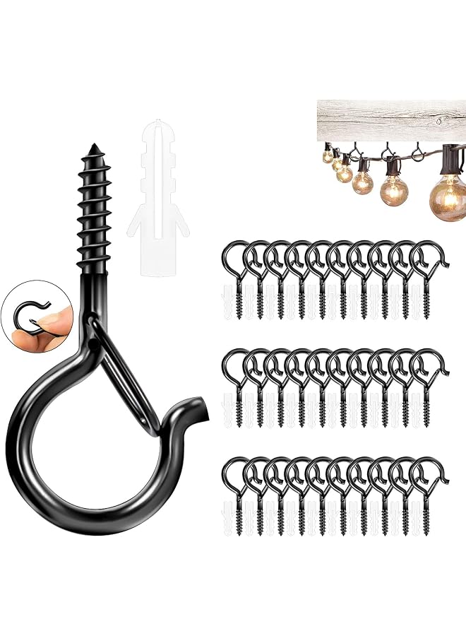 promass 30 Pack Q Hanger Hooks with Safety Buckle, Windproof Screw Hooks for Hanging Outdoor String Lights, Ceiling Hooks for Plants, Christmas Lights & Patio Lights, Cups, 2.2 in - Image 1