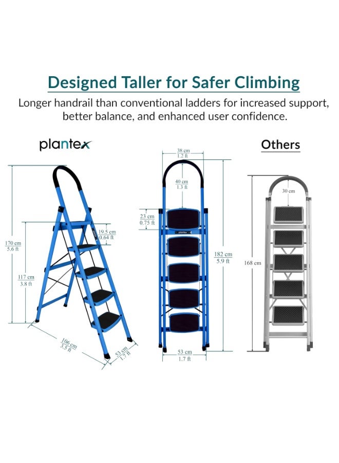 Plantex Ladder for Home - Premium Steel Foldable 5-Step Ladder - Anti Skid Strong Steps with 5 Years Manufacturer Warranty (Blue & Black) - Image 4