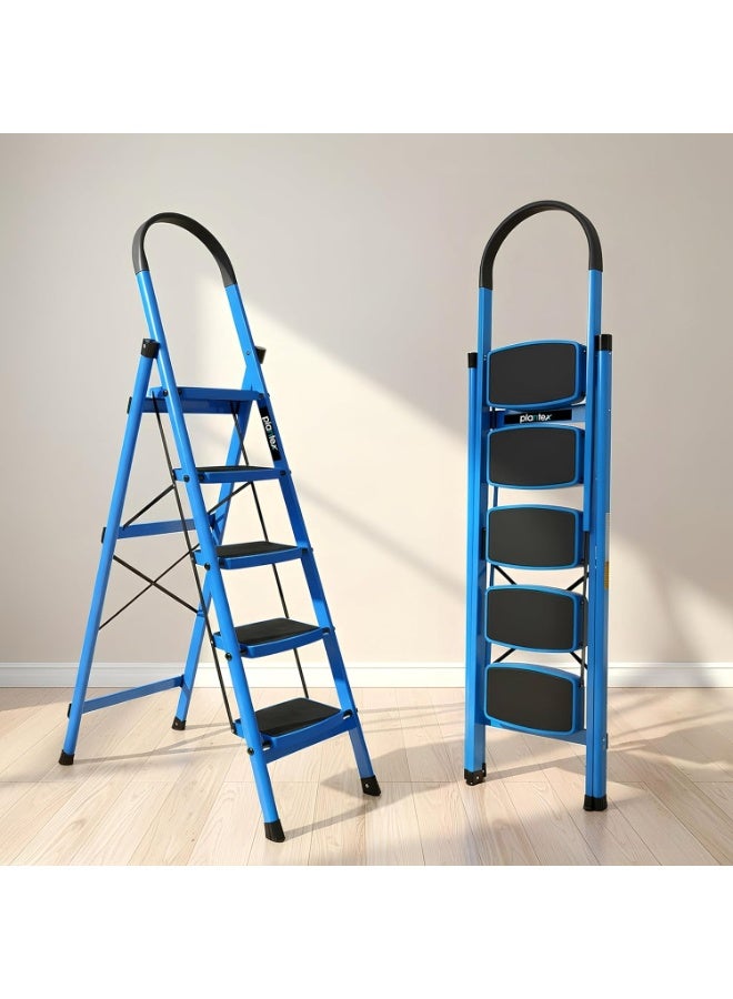 Plantex Ladder for Home - Premium Steel Foldable 5-Step Ladder - Anti Skid Strong Steps with 5 Years Manufacturer Warranty (Blue & Black) - Image 1