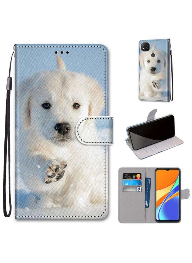 HuHa Case Cover For Xiaomi Redmi 9C Coloured Drawing Cross Texture Horizontal Flip PU Leather Case with Holder & Card Slots & Wallet & Lanyard Snow Puppy 