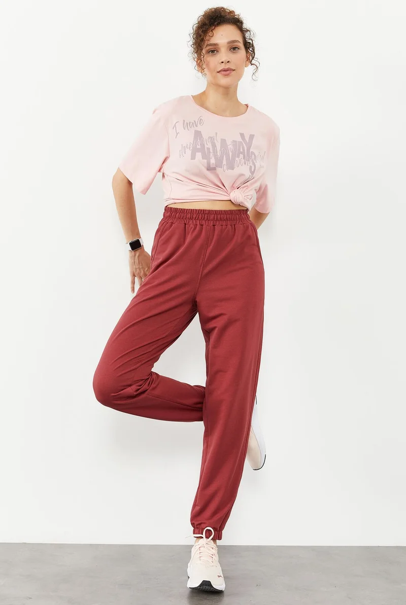 تومي لايف Claret Red Women's Pocket High Waist Standard Mold Elastic Leg Tracksuit Bottom-94583