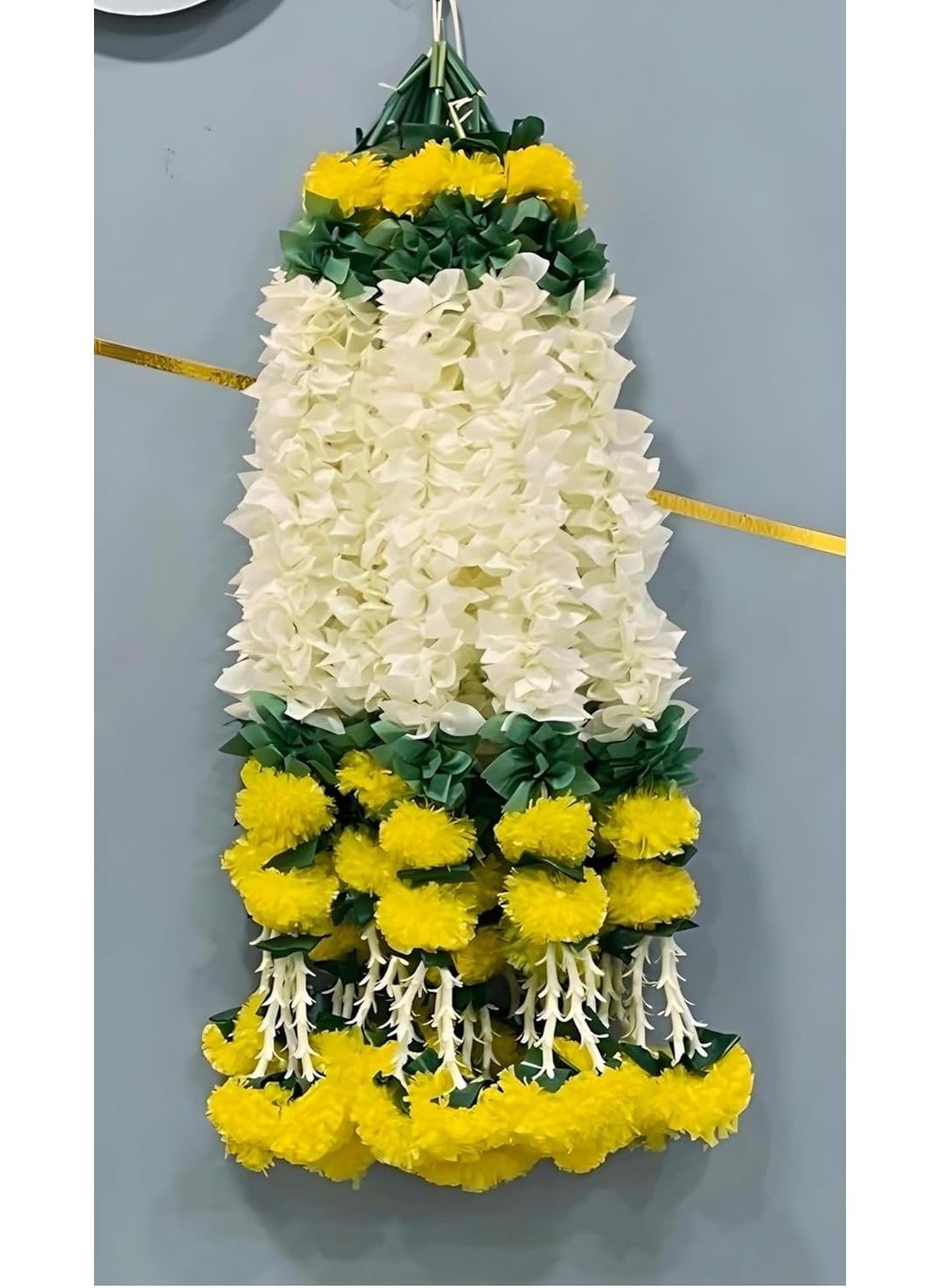 Abhaas Abhaas 10pc Handmade Artificial Jasmine Gajra Marigold Garland Rajnigandha Tassels Bells Traditional Decor for DiwaliWeddingFestivals GajraMarigold 10PC 27Inch  - Image 1